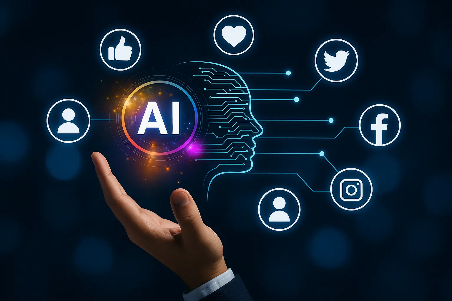 Intelligence artificielle et réseaux sociaux - Illustration montrant l'interaction entre l'IA et le marketing social